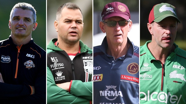 The coaching merrygoround as finally stopped with Ivan Cleary (from left) switching from Tigers to Panthers, Anthony Seibold from Rabbitohs to Broncos, Wayne Bennett from Broncos to Rabbitohs and Michael Maguire returning to the NRL fold at the Tigers.