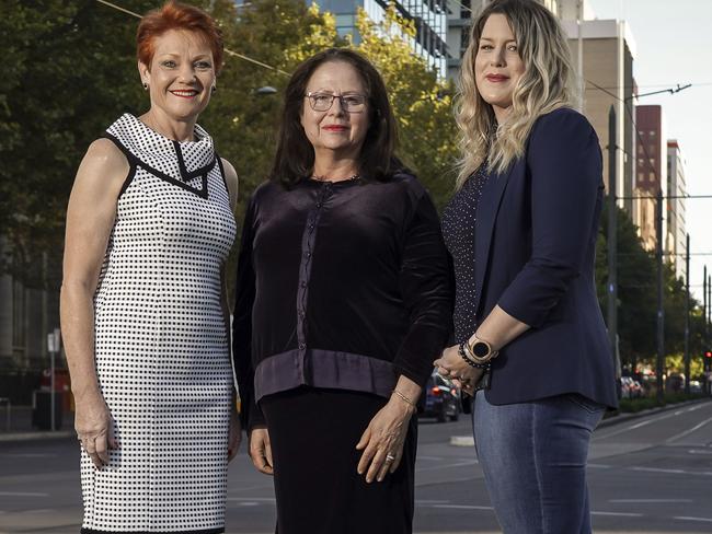 Senator Pauline Hanson with SA Senate candidates Jennifer Game and Emma Azzopardi in Victoria Square. Picture: AAP / Mike Burton