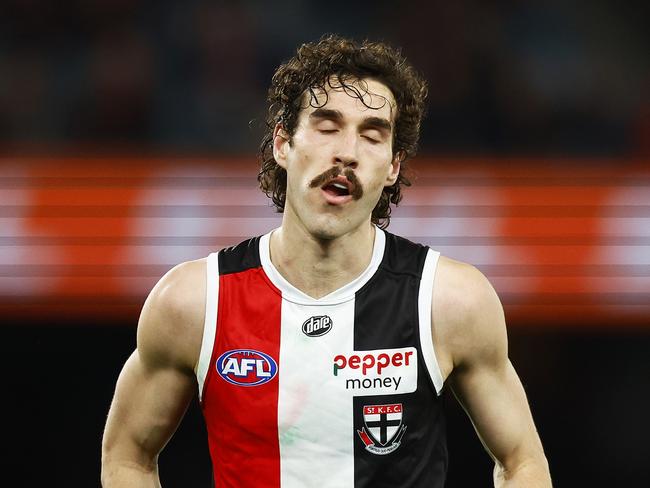 MELBOURNE, AUSTRALIA - AUGUST 12: Max King of the Saints reacts after missing a goal during the round 22 AFL match between the St Kilda Saints and the Brisbane Lions at Marvel Stadium on August 12, 2022 in Melbourne, Australia. (Photo by Daniel Pockett/AFL Photos/via Getty Images)