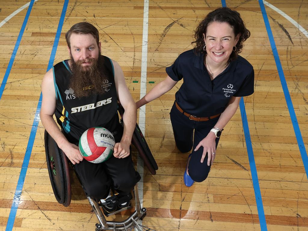 Wheelchair rugby player Ben Fawcett with Australian Paralympic team doctor Philippa Inge. Picture: David Caird