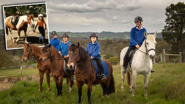 Riding students Matilda Hill 10, on Tarnish, Teiia Hoskins 10, on Treasure and Cerise Smith 8, on Trixie at the Templewood Horse Riding Centre at Inglewood in the Adelaide Hills. Picture: Brad Fleet. Inset: Actress Teresa Palmer when she was a student there. Picture: Instagram/Teresa