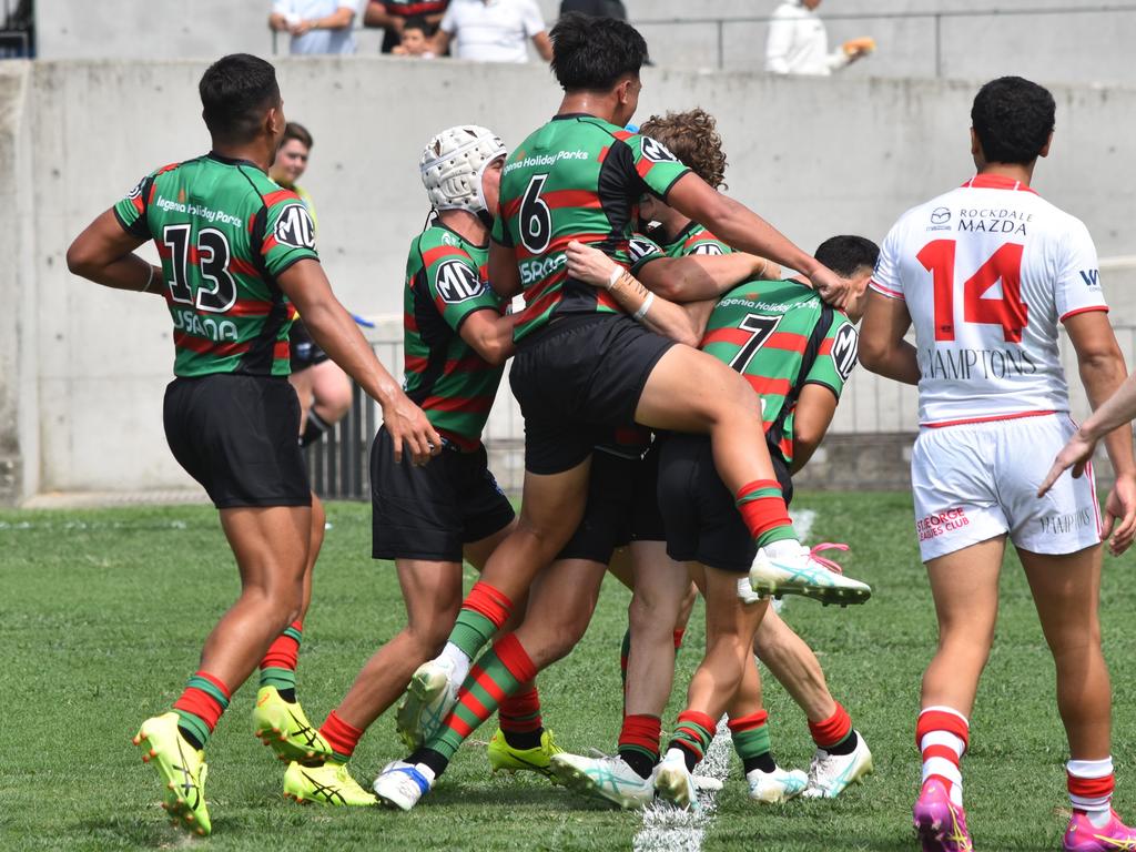 Souths celebrate a try. Picture: Sean Teuma