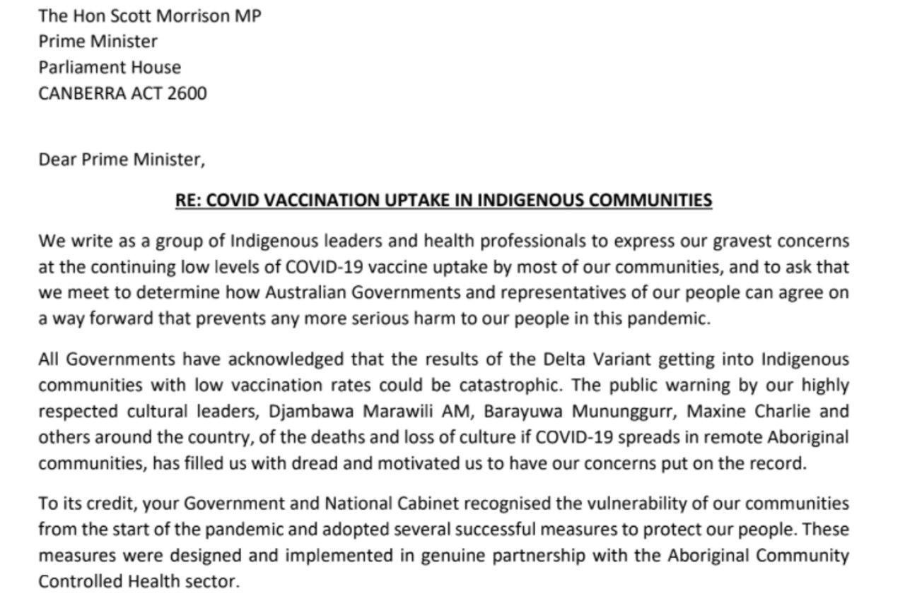 The letter penned by 20 First Nations leaders was sent to Mr Morrison earlier in the week.