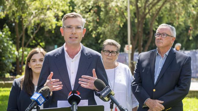 Premier Dominic Perrottet, with Health Minister Brad Hazzard, have promised to build 20 new hospitals if re-elected. Picture: NCA NewsWire/Simon Bullard.