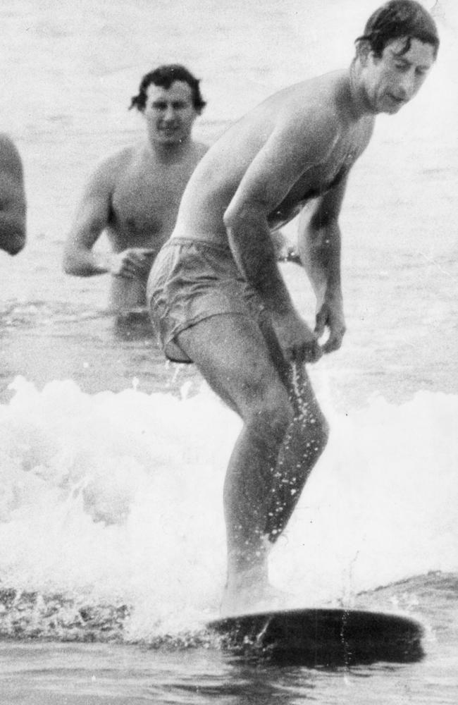 The prince proved something of a natural during a surfing lesson at Bondi in 1977. Picture: Barrie Stark