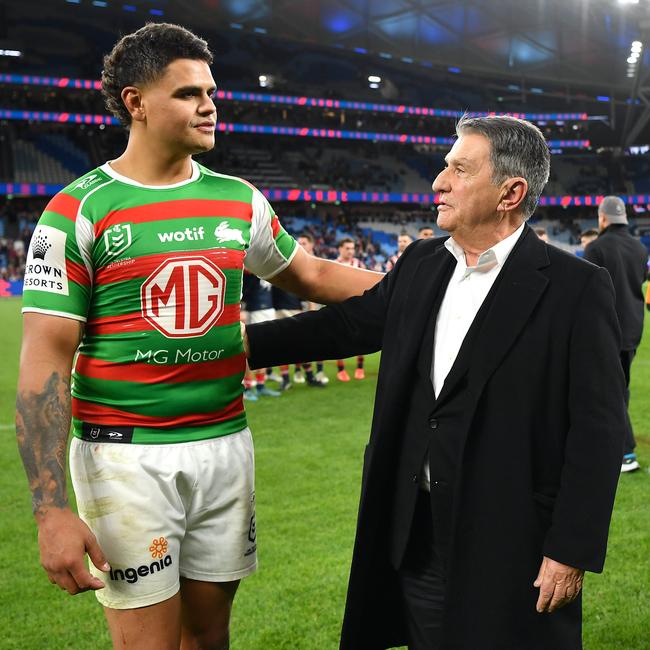 South Sydney star Latrell Mitchell greets Sydney Roosters chairman Nick Politis after their round 25 clash. Credit: NRL Images.