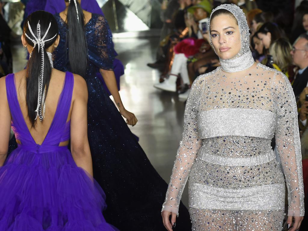 Supermodel Ashley Graham’s ‘iconic’ sheer, silver dress at the Christian Siriano show atop the Rockefeller Center. Picture: Yuchen Liao/Getty Images for NYFW: The Shows 