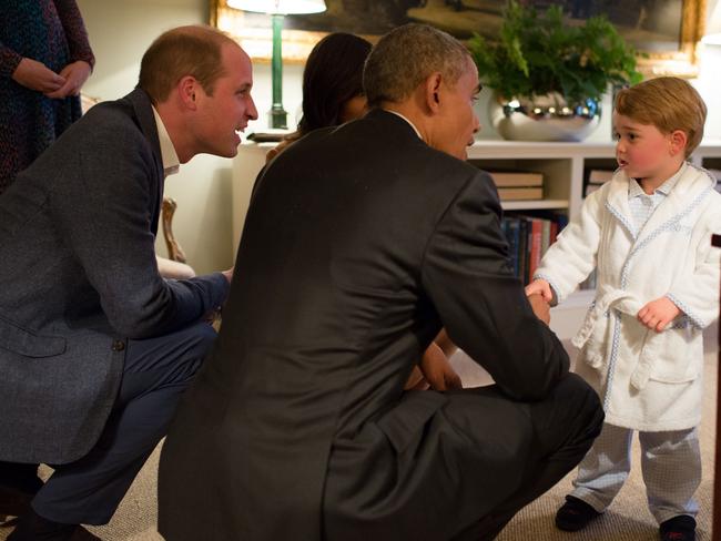 President Barack Obama, Prince William, Duke of Cambridge and First Lady Michelle Obama talks with Prince George at Kensington Palace on April 22, 2016 in London, England. Picture: Photo by Pete Souza/The White House