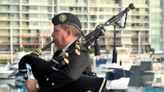 Commemoration dawn service for 80th anniversary of the Battle of the Coral Sea at Anzac Park, Townsville. Pipe Major for the Veterans and Families Pipe Band John Ferguson. Picture: Evan Morgan
