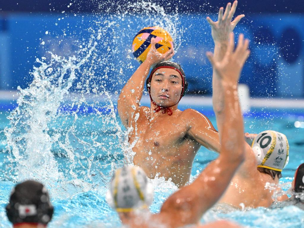 Japan's #08 Mitsuru Takata shoots the ball in the men's water polo preliminary round group B match between Australia and Japan during the Paris 2024 Olympic Games at the Paris La Defense Arena in Paris on August 5, 2024. Picture: Andreas Solaro/AFP