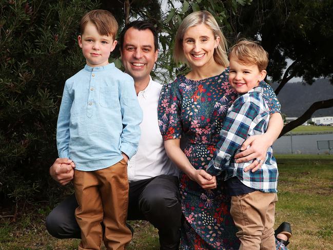 Labor member for Elwick Josh Willie with his wife Holly Irving and children Alfie, 5, and Ted, 3. Picture: Nikki Davis-Jones