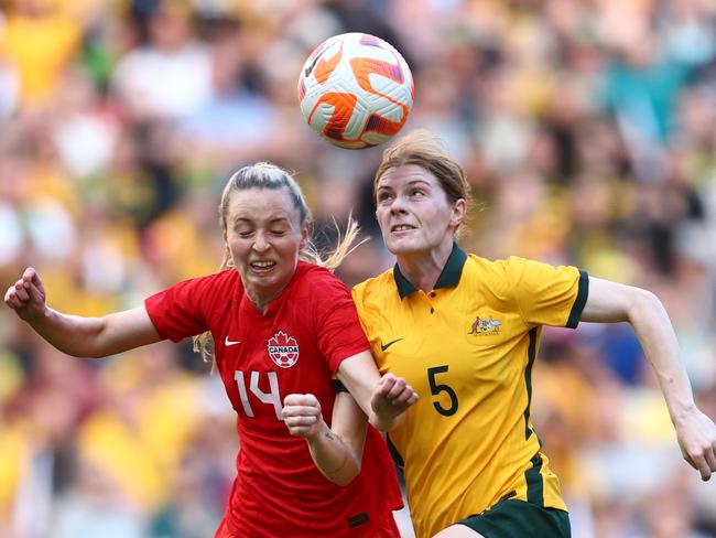 Chloe Logarzo (right) competes for the ball with Gabrielle Carle of Canada during the International Women's Friendly at Suncorp Stadium in Brisbane, September 2022. Picture: Chris Hyde/Getty Images