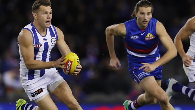 Shaun Higgins slices through the middle against the Western Bulldogs. Picture: Michael Klein