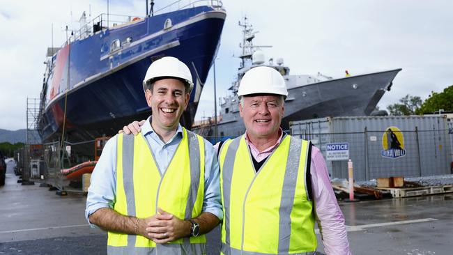 Federal Treasurer Jim Chalmers has visited the Cairns Marine Precinct, to promote the $360 million expansion to the industry, equally funded by the federal and state governments. Treasurer Jim Chalmers and Member for Cairns Michael Healy inspect two Australian Border Force ships currently undergoing maintainence at the Marine Precinct. Picture: Brendan Radke