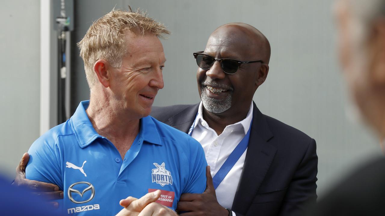 North Melbourne senior coach David Noble and CEO Ben Amarfio. Picture: Darrian Traynor/Getty Images