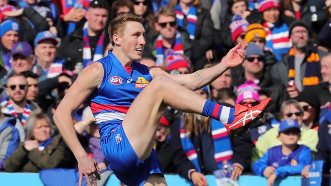 Bulldogs forward Bailey Dale kicks a goal against Adelaide. Picture: Michael Klein