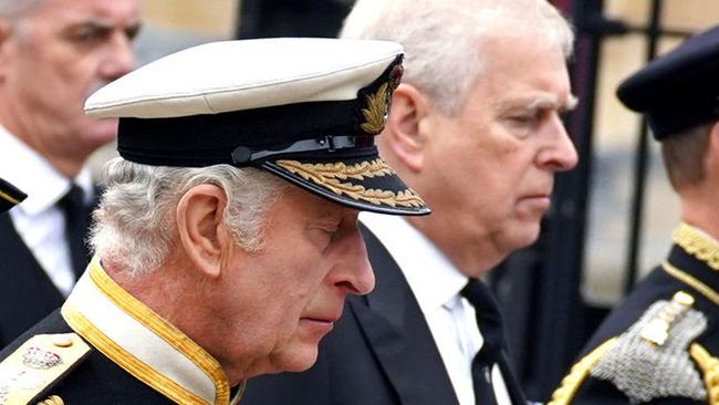 King Charles III and Prince Andrew arrive at Westminster Abbey in London on September 19 for the State Funeral Service for Britain's Queen Elizabeth II. Picture: AFP