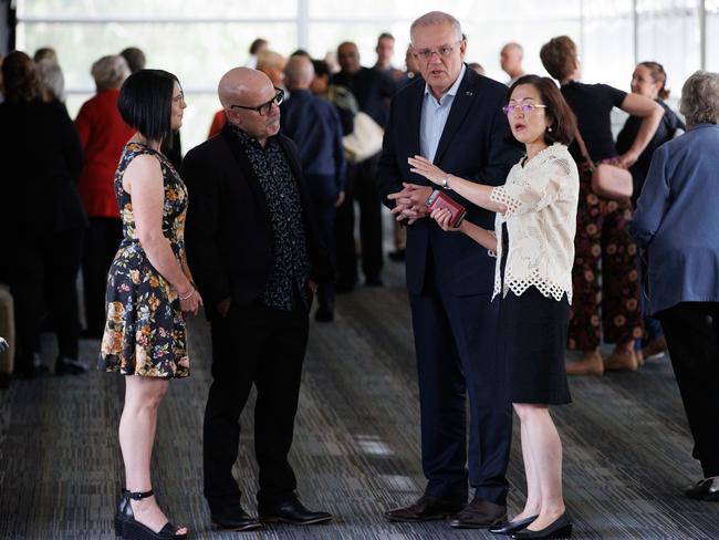 Prime Minister Scott Morrison with Gladys Liu and Syndal Baptist Church senior pastor Chris Danes. Picture: Jason Edwards