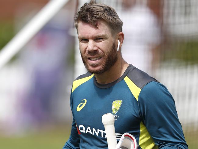 LONDON, ENGLAND - AUGUST 11: Australian cricketer David Warner looks on during The Australia Net Session at Lord's Cricket Ground on August 11, 2019 in London, England. (Photo by Luke Walker/Getty Images)