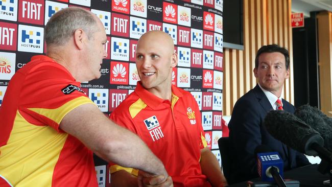The Gold Coast Suns Gary Ablett with coach Rodney Eade and Suns CEO Andrew Travis. Picture: Richard Gosling
