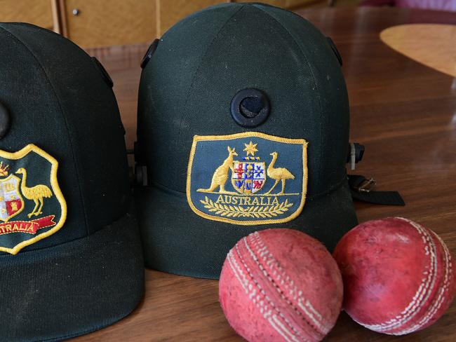A collection of Australian cricket helmets and balls, used by the Australian cricket team, belonging to former prime minister Bob Hawke are seen at his home in Northbridge, Sydney, Wednesday, August 21, 2019. A range of items belonging to Bob Hawke and Blanche D'Alpuget will go to auction on August 27. (Bianca De Marchi)