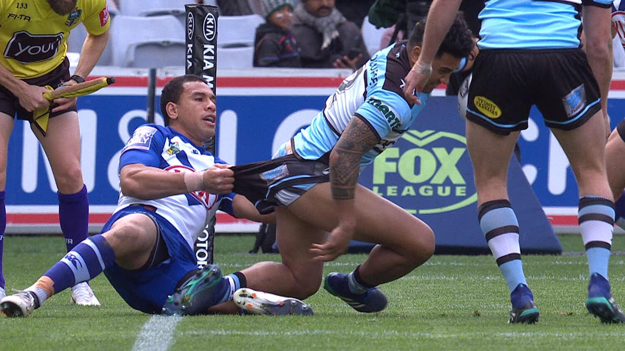 Sosaia Feki puts a foot in touch in the lead up to Andrew Fifita's try.