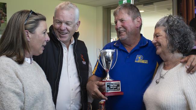 Chris Buss-Charlie Stevens Memorial Trophy Football at Goodwood Oval. Emma and Grant Stevens and Greg and Georgine Buss 25th May 2024. Picture: Brett Hartwig