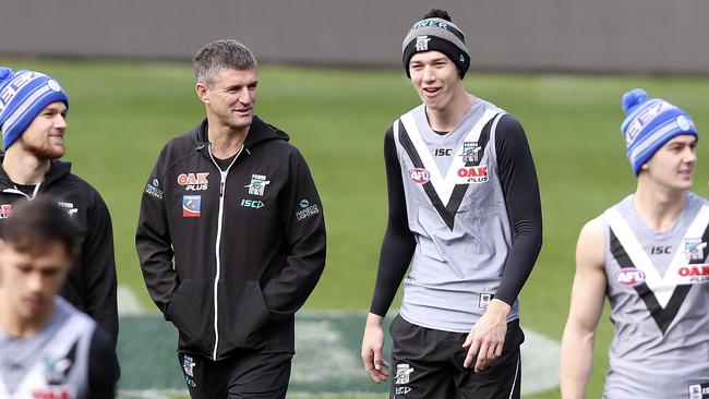 Power assistant coach Nathan Bassett chats to Todd Marshall. Picture SARAH REED