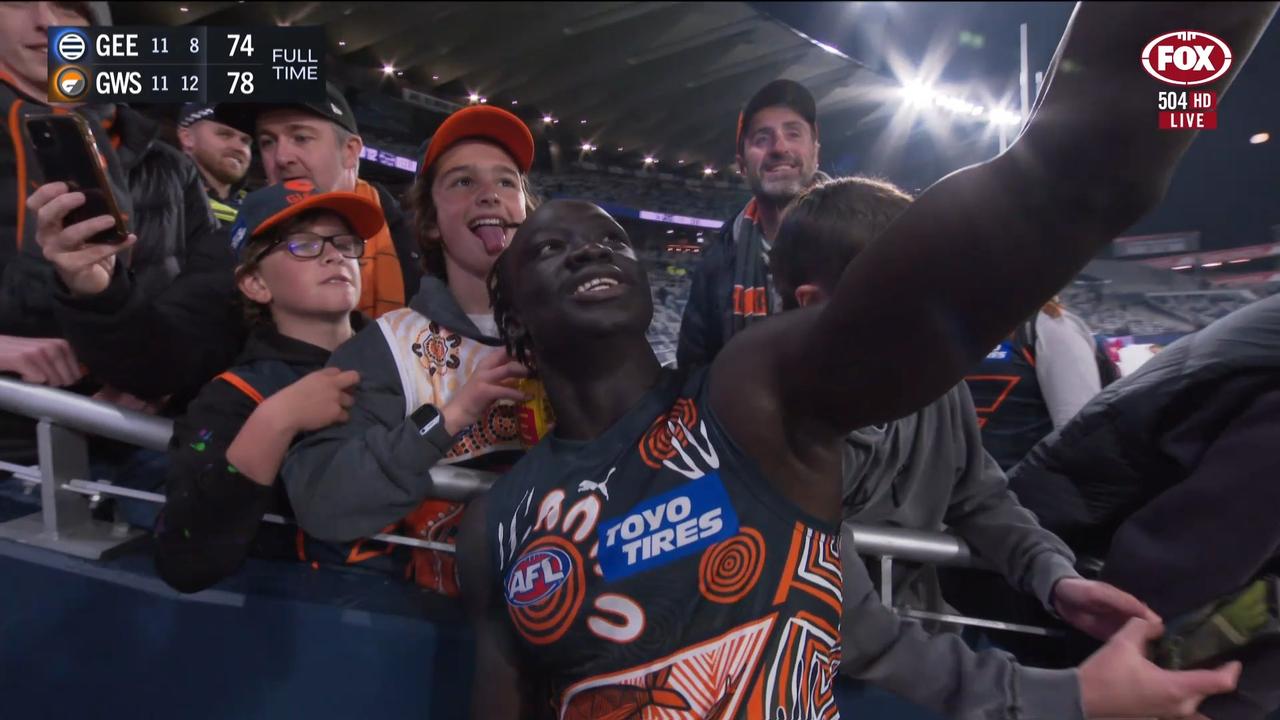 Leek Aleer taking selfies after the huge win. Photo: Fox Sports