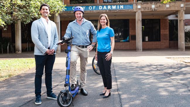 City of Darwin chief executive, councillor Ed Smelt and Beam Mobility general manager Tom Cooper announce the arrival of Beam e-scooters in the Top End.