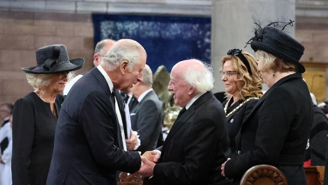 King Charles III and Camilla, the Queen Consort greet Michael D Higgins. Picture: Getty Images