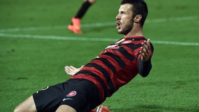 Nikita Rukavytsya celebrates his goal for the Western Sydney Wanderers.