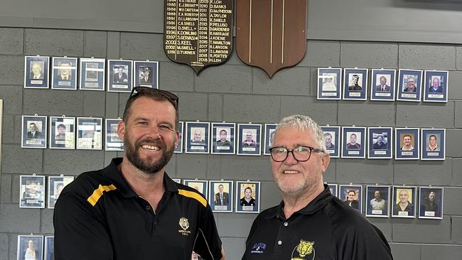 New Mirboo North president Andy McCarthy with the departing president Joe Piper. Picture: Mirboo North Football Netball Club.