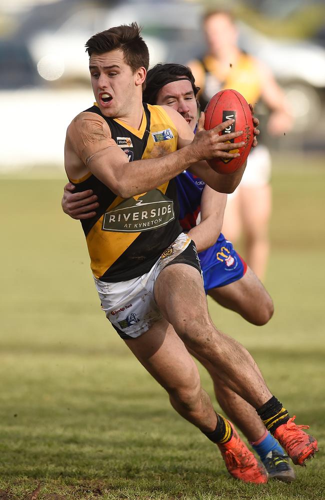 Ethan Foreman has 37 goals for the year after kicking four in Kyneton’s narrow win. Picture: David Smith