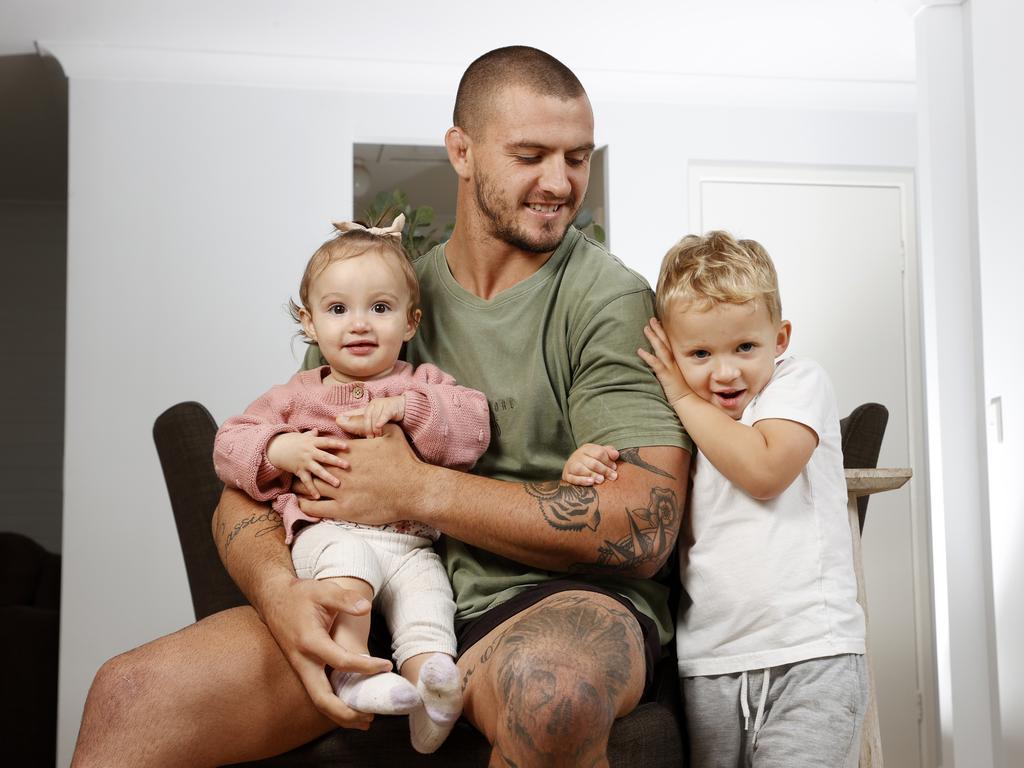 Eels player Ray Stone with his children Boris, 3, and 10-month-old Cassidy. Picture: Jonathan Ng