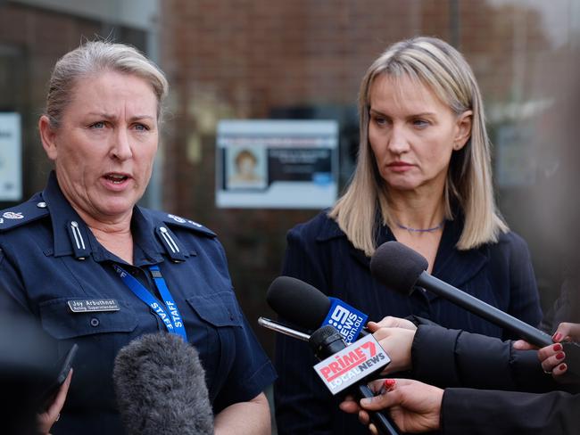 Acting Superintendent Joy Arbuthnot and Dr Lara Roeske from the Royal Australian College of General Practitioners speak to reporters in Wangaratta. Picture: Simon Dallinger