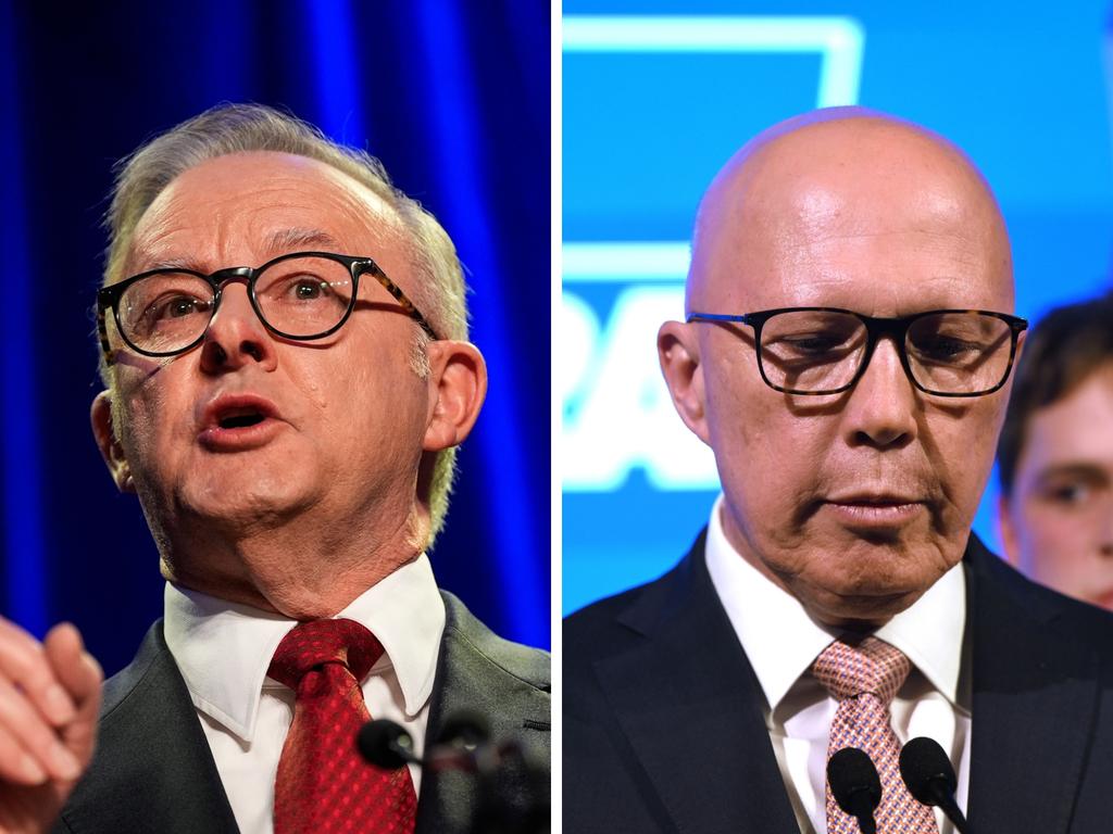 Prime Minister Anthony Albanese during his victory speech on election night, and Opposition Leader Peter Dutton conceding defeat.