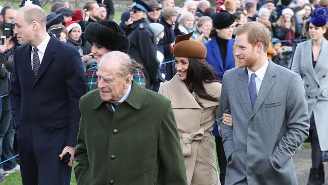 Prince Philip leading William, Kate, Meghan and Harry into the Christmas Day church service near Sandringham in 2017. Picture: Chris Jackson/Getty Images