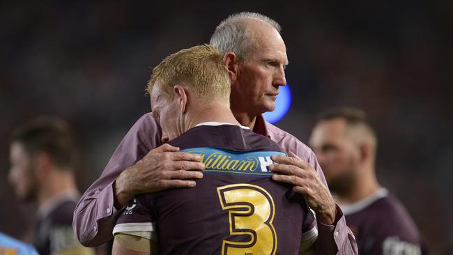 SYDNEY, AUSTRALIA – OCTOBER 04: Wayne Bennett, Coach of the Broncos hugs Jack Reed after defeat during the 2015 NRL Grand Final match between the Brisbane Broncos and the North Queensland Cowboys at ANZ Stadium on October 4, 2015 in Sydney, Australia. (Photo by Brett Hemmings/Getty Images)