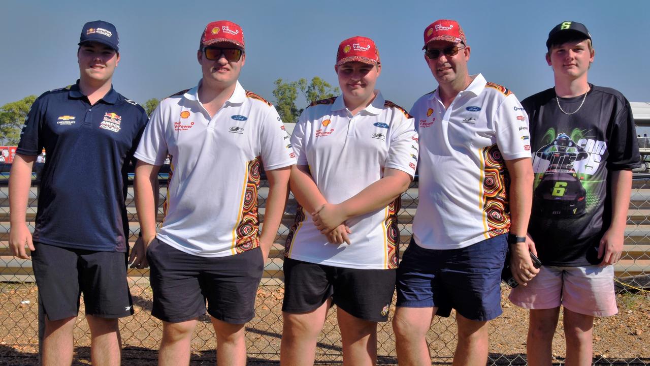 Cooper Jarvis, Tom McMaster, Mac McMaster, Aaron McMaster, and Bailey Briggs at the 2023 Darwin Supercars. Picture: Fia Walsh