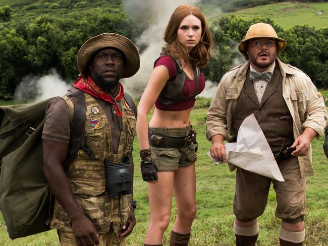 Hart, Gillan and Black sense danger ahead in Jumanji: Welcome to the Jungle. Picture: Sony Pictures