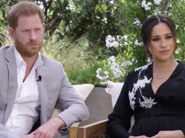 Harry and Meghan seen during interview with Oprah Winfrey. Picture: CBS