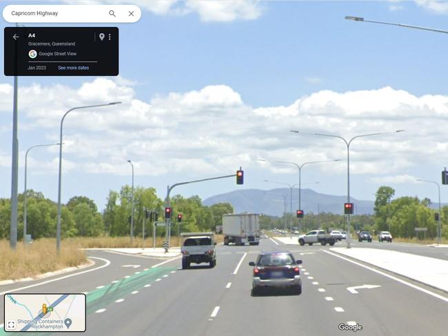 A street view of the intersection on the Capricorn Highway and Old Gracemere Road, Fairy Bower, near Rockhampton.