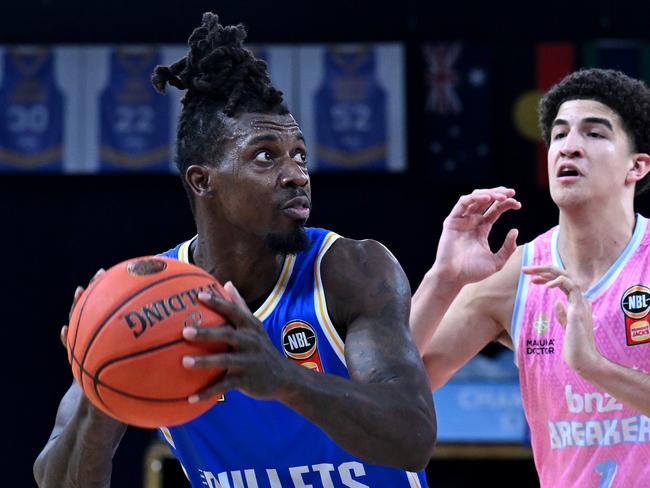 BRISBANE, AUSTRALIA - JANUARY 08: Casey Prather of the Bullets in action during the round 15 NBL match between Brisbane Bullets and New Zealand Breakers at Brisbane Entertainment Centre, on January 08, 2025, in Brisbane, Australia. (Photo by Bradley Kanaris/Getty Images)