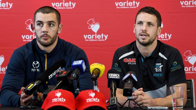 Adelaide captain Taylor Walker and Port Adelaide captain Travis Boak address the media ahead of this weekend’s Showdown. Picture: Bianca De Marchi