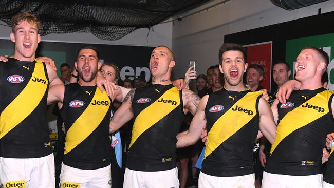 The Tigers celebrate their win. Picture: AAP