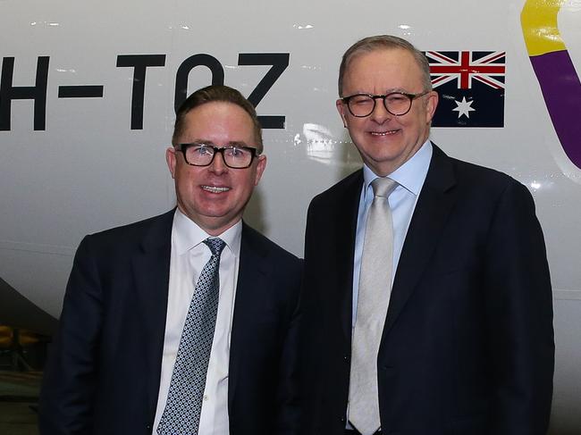 SYDNEY, AUSTRALIA  - AUGUST 14 2023: Prime Minister, Anthony Albanese and Qantas CEO Alan Joyce attend the launch of the Qantas 'Yes' Campaign at Qantas Hangar 96 in Sydney, where The Prime Minister will deliver a speech. Picture: NCA Newswire / Gaye Gerard