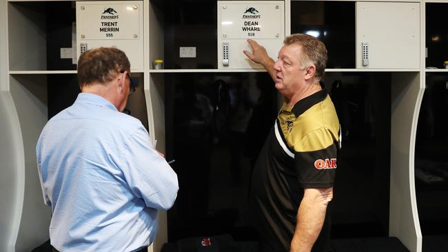 Gus gives Buzz the tour of the Panthers Rugby League Academy. Photo: Brett Costello