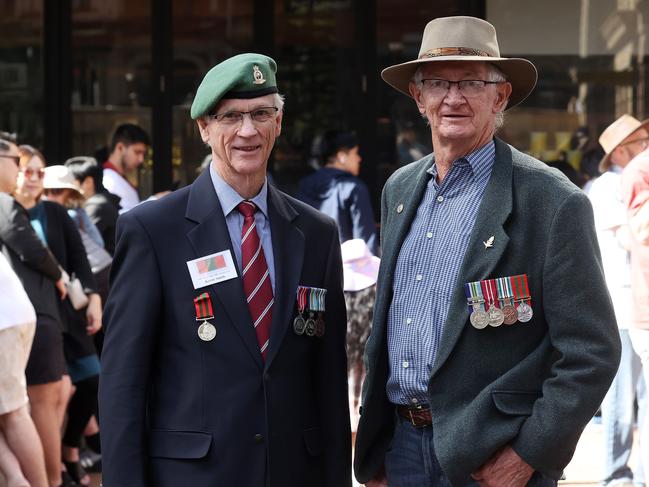 Kevin Smith and Ian Ogston at the ANZAC Day march, Brisbane. Picture: Liam Kidston