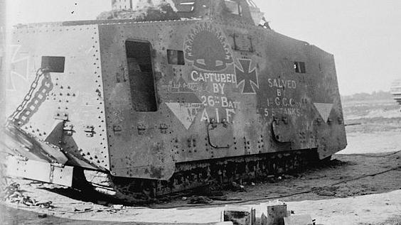 Raoul Berthele’s photograph of the captured German Sturmpanzerwagen A7 tank named the Mephisto.